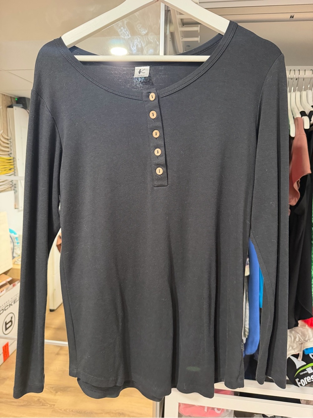 Black Women's Long-Sleeve Henley Top with Button Placket